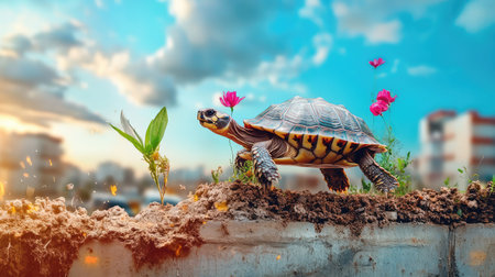 This charming image showcases a tortoise exploring a vibrant garden filled with colorful flowers under a stunning sunset sky, symbolizing tranquility and nature.の素材