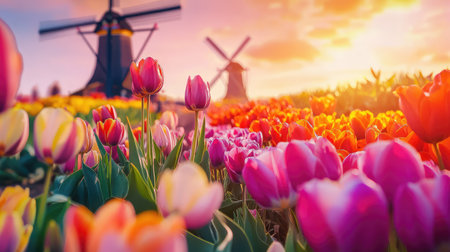 A stunning view of a tulip field featuring colorful blooms with windmills in the background during sunset, capturing the beauty of nature and spring.の素材