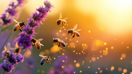 A captivating scene of bees buzzing around vibrant lavender flowers during sunset, creating a magical atmosphere with glowing light and soft bokeh.の素材