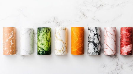 A captivating display of colorful marble texture rolls arranged on a pristine white marble background, perfect for design inspiration and creative projects.の素材