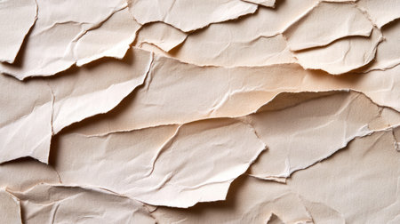 This image features a detailed view of crumpled and torn beige paper sheets layered over each other, creating an interesting textured background.の素材