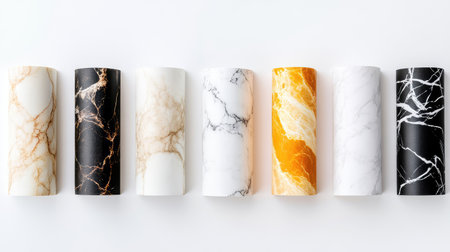 A collection of cylindrical rolls showcasing various vibrant marble patterns, perfect for design projects, interior decoration, and creative inspiration.の素材