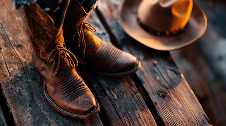 This captivating image features a pair of rustic cowboy boots resting on wooden planks, accompanied by a classic western hat in soft, warm evening light, evoking a sense of adventure and tradition.の素材