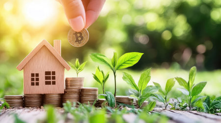 An inspiring image portraying the concept of cryptocurrency investment, featuring a wooden house, growing plants, and Bitcoin coins, symbolizing financial growth and sustainability.の素材