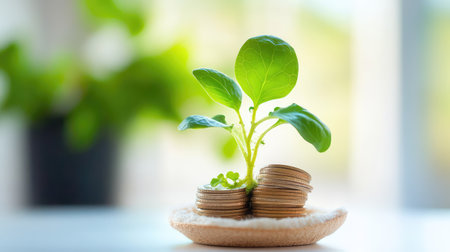A small green plant emerges from a stack of coins on a soft surface, symbolizing the harmonious relationship between nature and financial growth.の素材