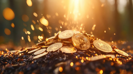 A stunning pile of golden coins rests on a dark surface, illuminated by warm sunlight filtering through a forest, creating a magical and inviting atmosphere.の素材