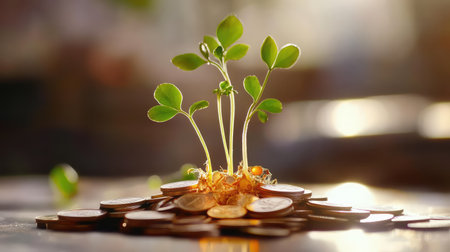 This vibrant image showcases young green sprouts emerging from a pile of coins, symbolizing the connection between nature and financial growth, highlighting hope and prosperity.の素材