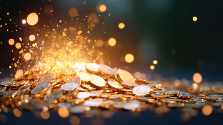 A captivating image showcasing a pile of shiny coins surrounded by a mesmerizing display of sparkling lights, perfect for financial concepts.の素材