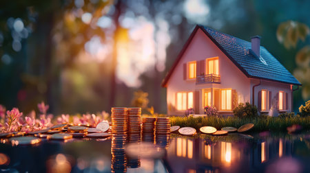 A charming house emits a warm glow in the serene dusk, surrounded by coins and blooming flowers, symbolizing financial growth and prosperity in real estate.の素材