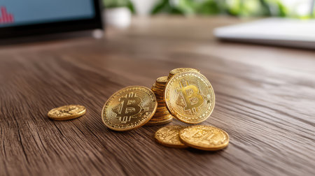 A collection of golden Bitcoin coins stacked on a textured wooden surface, with a blurred digital display in the background reflecting the cryptocurrency market trend.の素材