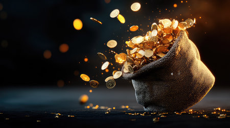 Glittering coins erupt from a fabric bag, creating a captivating visual of wealth and prosperity. The dark backdrop enhances the magical sparkle, inviting intrigue.の素材
