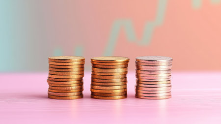 This image features three distinct stacks of coins in varying colors, symbolizing financial growth and investment potential against a colorful backdrop, perfect for business themes.の素材