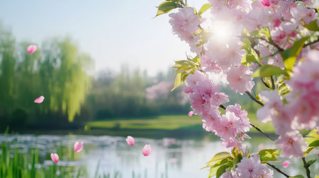 A beautiful scene showcasing soft pink cherry blossom petals falling gently by a tranquil lake, surrounded by lush greenery and warm sunlight, evoking peace.の素材