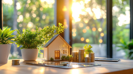 A serene indoor scene showcasing a model house, coins, and plants, illustrating financial growth and investment in a warm light setting.の素材