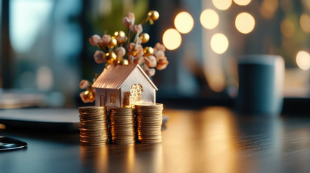 A charming miniature house decorated with flowers sits atop a stack of coins, symbolizing investment and financial growth in a cozy interior space.の素材