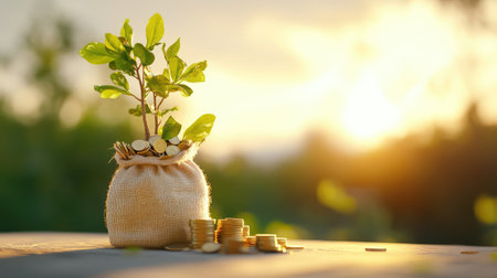 A captivating image of a burlap money bag filled with coins, topped with a budding plant. The warm sunlight enhances growth and investment themes.の素材