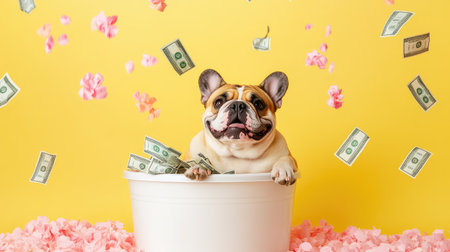 A delightful French bulldog sits in a white tub filled with pink petals, basking in a shower of cash and confetti, radiating joy and wealth.の素材