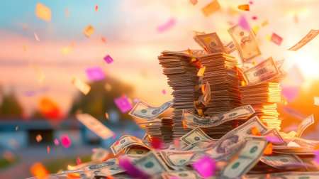A striking visual of cash piles surrounded by colorful confetti, set against a stunning sunset. This image conveys themes of wealth, celebration, and prosperity.の素材