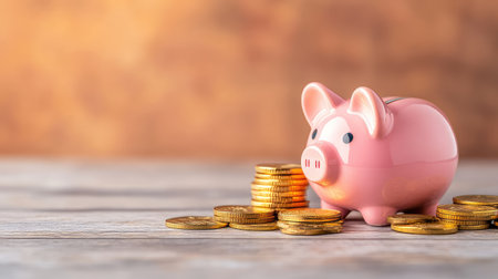 A charming pink piggy bank sits on a rustic wooden table surrounded by stacks of golden coins, symbolizing savings and financial growth. Perfect for finance themes.の素材