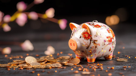 A beautifully crafted porcelain piggy bank adorned with floral designs sits amidst a scatter of coins, symbolizing savings and prosperity in a serene setting.の素材