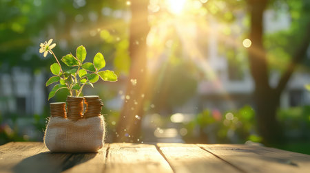 A vibrant young plant sprouts from a stack of coins nestled in a jute bag, symbolizing growth and prosperity. Sunlight filters through trees, creating a serene backdrop.の素材