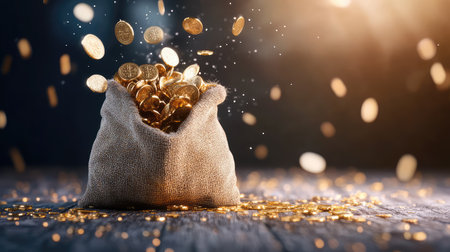 A burlap sack spills golden coins, creating a scene of abundance and wealth. The shimmering lights in the background enhance the magical atmosphere, symbolizing prosperity.の素材