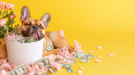A charming French bulldog lounging in a white pot filled with dollar bills and surrounded by flower petals on a vibrant yellow background.の素材