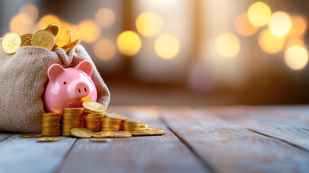 A charming piggy bank nestled among shining coins, set against a warm bokeh backdrop. This image captures the essence of savings, investment, and financial growth in a playful yet inspiring way.の素材