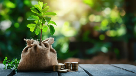 A small green plant emerges from a burlap money bag beside stacks of coins, highlighting the connection between nature and financial growth opportunities.の素材