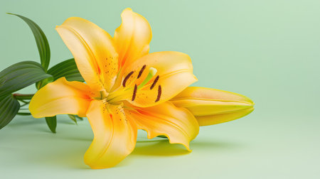 A stunning yellow lily flower with lush green leaves set against a soft green background, symbolizing beauty and freshness in nature. Perfect for various designs.の素材