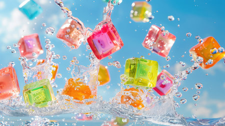 This dynamic image features colorful candy cubes splashing into clear water, creating a joyful scene full of vibrancy and freshness.の素材