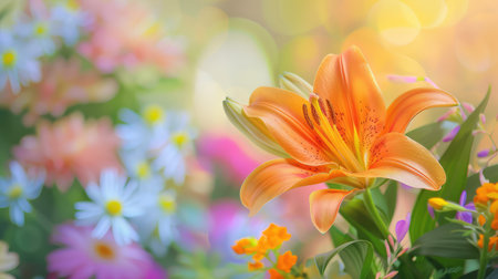 A stunning close-up of an orange lily flower amidst a lush, colorful floral background, enhanced by soft light effects, creating a tranquil and inviting atmosphere.の素材