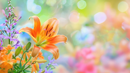 A stunning orange lily stands out amidst a vibrant array of garden blooms, enhanced by a soft, dreamy bokeh background, perfect for nature lovers.の素材