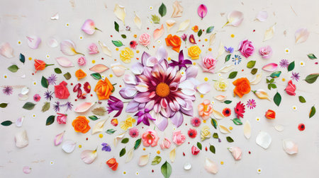 This vibrant floral arrangement features a stunning assortment of flowers and leaves, creating an inviting and artistic composition perfect for creative projects.の素材