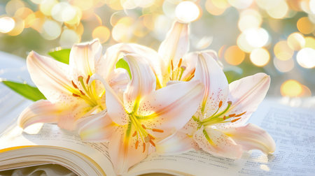 Delicate pink lilies rest gently on an open book, surrounded by a dreamy bokeh background of shimmering lights, creating a serene and elegant atmosphere.の素材