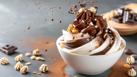 This stunning image showcases an indulgent swirl of chocolate and vanilla soft serve ice cream, beautifully topped with cocoa dust and various candies, perfect for sweet enthusiasts.の素材