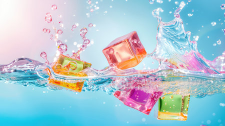 This vibrant image captures the dynamic splash of colorful gelatin cubes in clear water, creating a joyful and refreshing scene perfect for summer themes.の素材