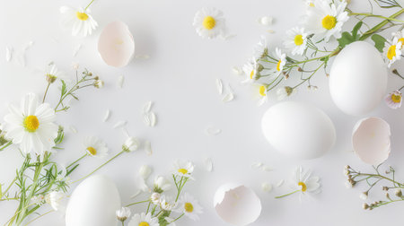 A serene composition featuring fresh white eggs amongst delicate daisies and flower petals, creating a minimalist and inviting atmosphere perfect for spring.の素材