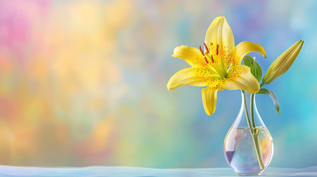 A stunning yellow lily flower stands tall in a clear glass vase against a soft, colorful background. Perfect for nature lovers and seasonal decor.の素材