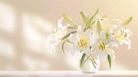 A stunning arrangement of elegant white lilies in a clear glass vase, set against a soft, illuminated background, creating a serene and peaceful ambiance.の素材