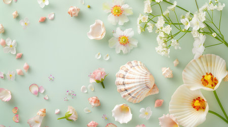 A beautiful flat lay composition featuring assorted seashells and fresh flowers, set against a soft green backdrop, perfect for spring or serene moments.の素材