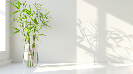 A vibrant bamboo plant in a stylish glass vase creates a serene and fresh atmosphere. The interplay of light enhances its beauty and elegance.の素材