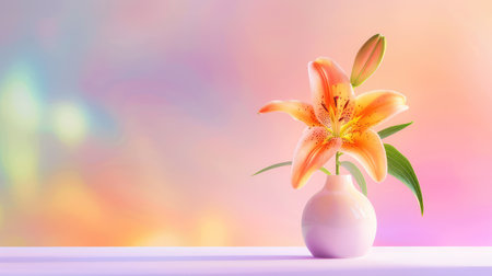 A stunning orange lily flower elegantly displayed in a minimalist white vase, set against a soft pastel background that enhances tranquility and beauty.の素材