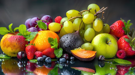 A vibrant assortment of fresh fruits including apples, oranges, grapes, and strawberries, beautifully arranged with mint leaves and water droplets, perfect for health-focused imagery.の素材