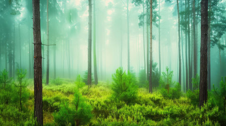 Envelop yourself in a serene misty forest where lush greenery meets towering trees, creating a captivating atmosphere of tranquility and natural beauty.の素材