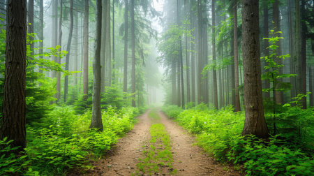 A picturesque forest pathway enveloped in morning mist, with towering trees and lush greenery lining the route, inviting exploration and reflection.の素材