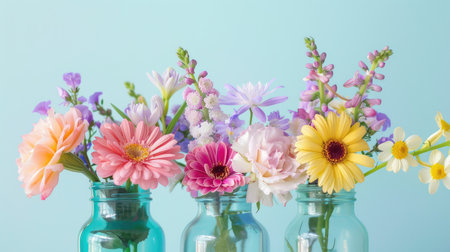 A beautiful arrangement of colorful flowers in glass jars set against a soft blue background, perfect for adding a refreshing and cheerful touch to any space.の素材