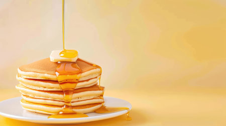 A mouthwatering stack of fluffy pancakes topped with creamy butter and drizzled with golden maple syrup. Ideal for breakfast or brunch settings.の素材