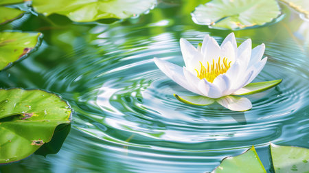 A stunning white water lily floats gracefully on the surface of a serene pond, surrounded by lush green leaves and gentle ripples reflecting soft light.の素材