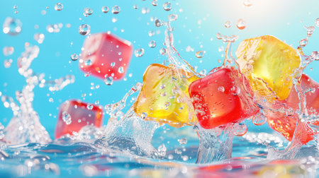 Colorful ice cubes create a vibrant splash in clear water, surrounded by bubbles. This refreshing image evokes feelings of summer fun and relaxation.の素材